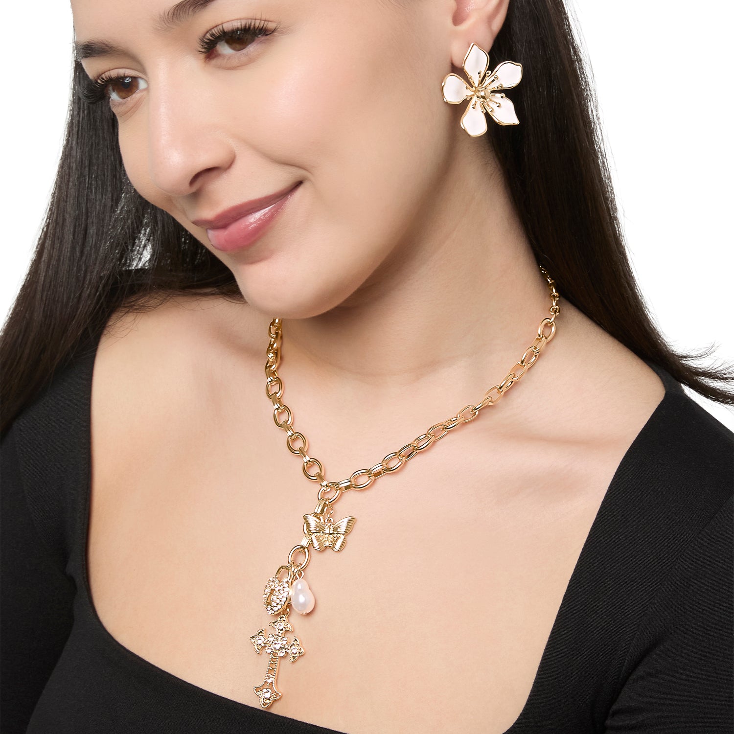 Jessica Simpson Gold-Tone Charm Link Necklace with Cross, Heart & Pearl Accents