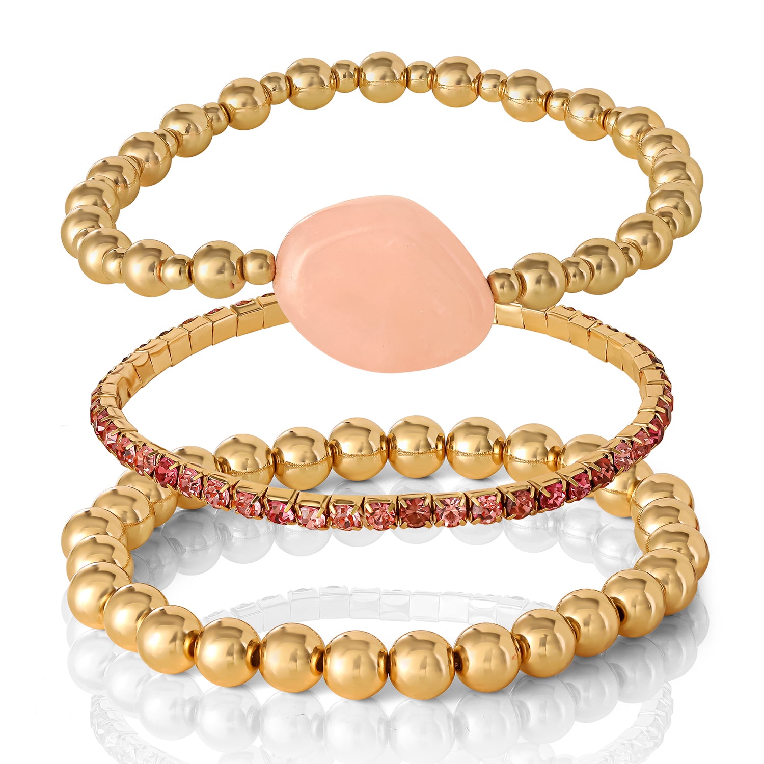 Jessica Simpson 3-Piece Beaded Stretch Bracelet Set - Gemstone & Gold-Tone Accents - Pink