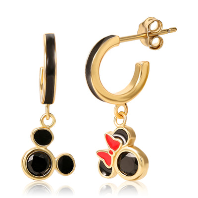 Mismatched Minnie and Mickey Hoop Earrings for Women Official License, 18k Gold Flash-Plated Sterling Silver Disney Earrings