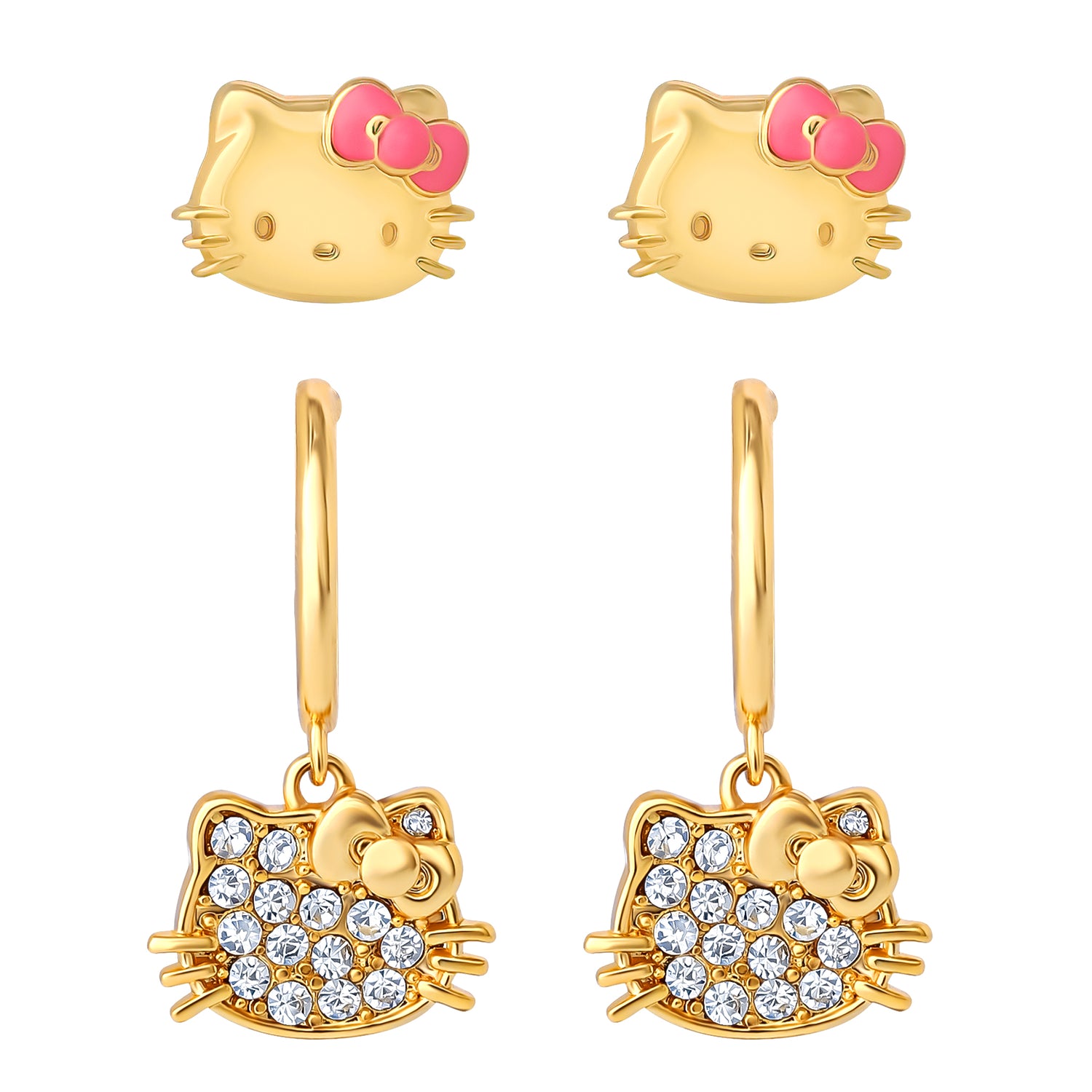 Hello Kitty Earring Set, 2-Pair, Gold-Tone Studs & Pavé Dangle Hoops