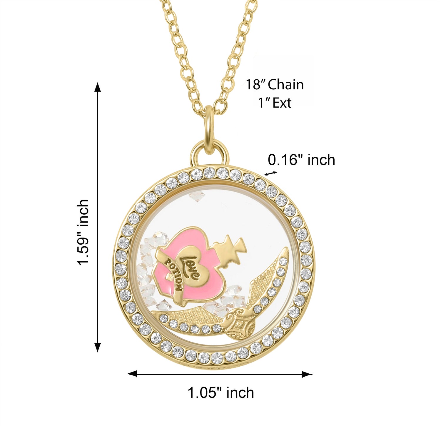 Harry Potter Love Potion and Golden Snitch Shaker Pendant Necklace with Crystals - 18'' + 1''