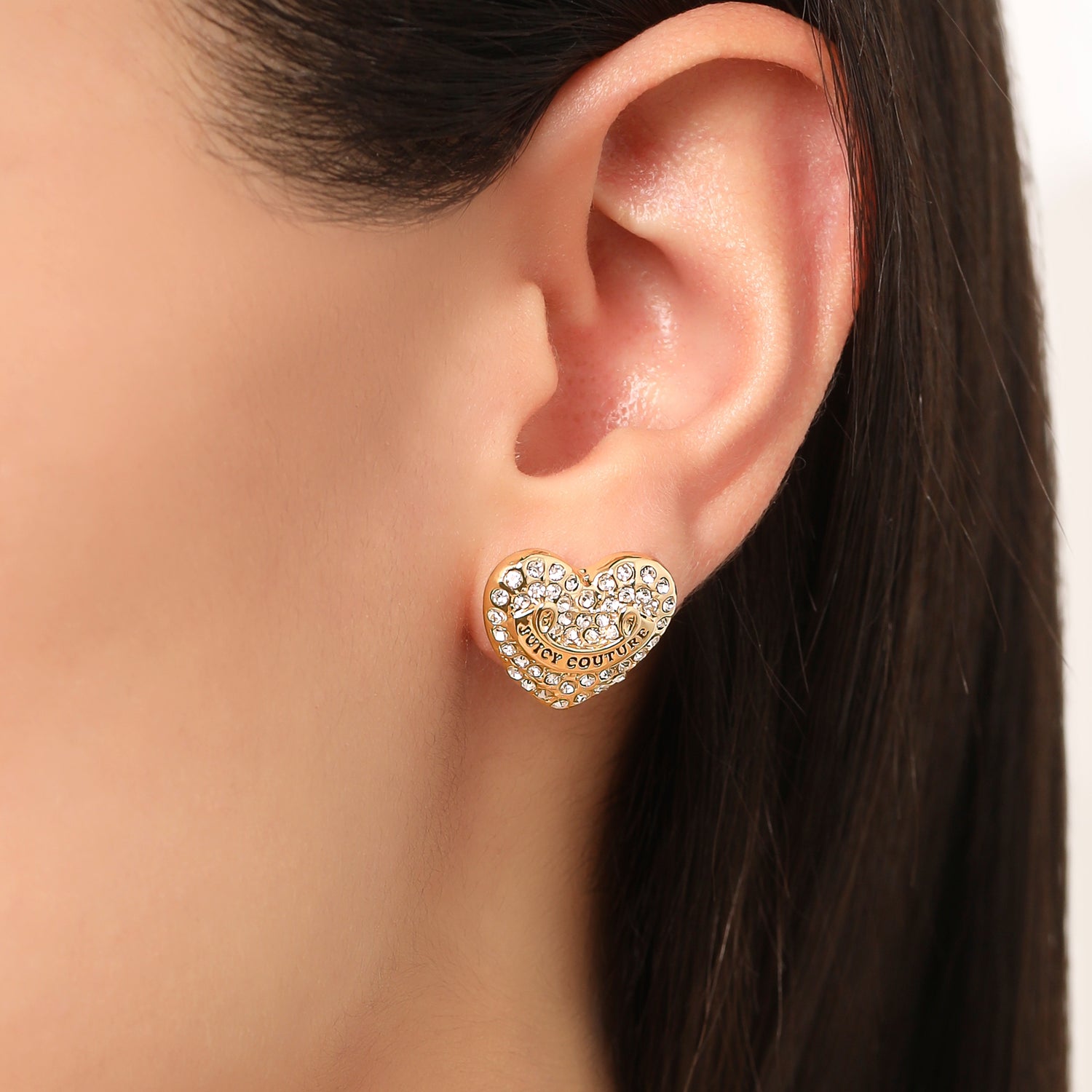 Juicy Couture Logo Heart Stud Earrings for Women with Clear Stones, Juicy Couture Earrings Gold Tone