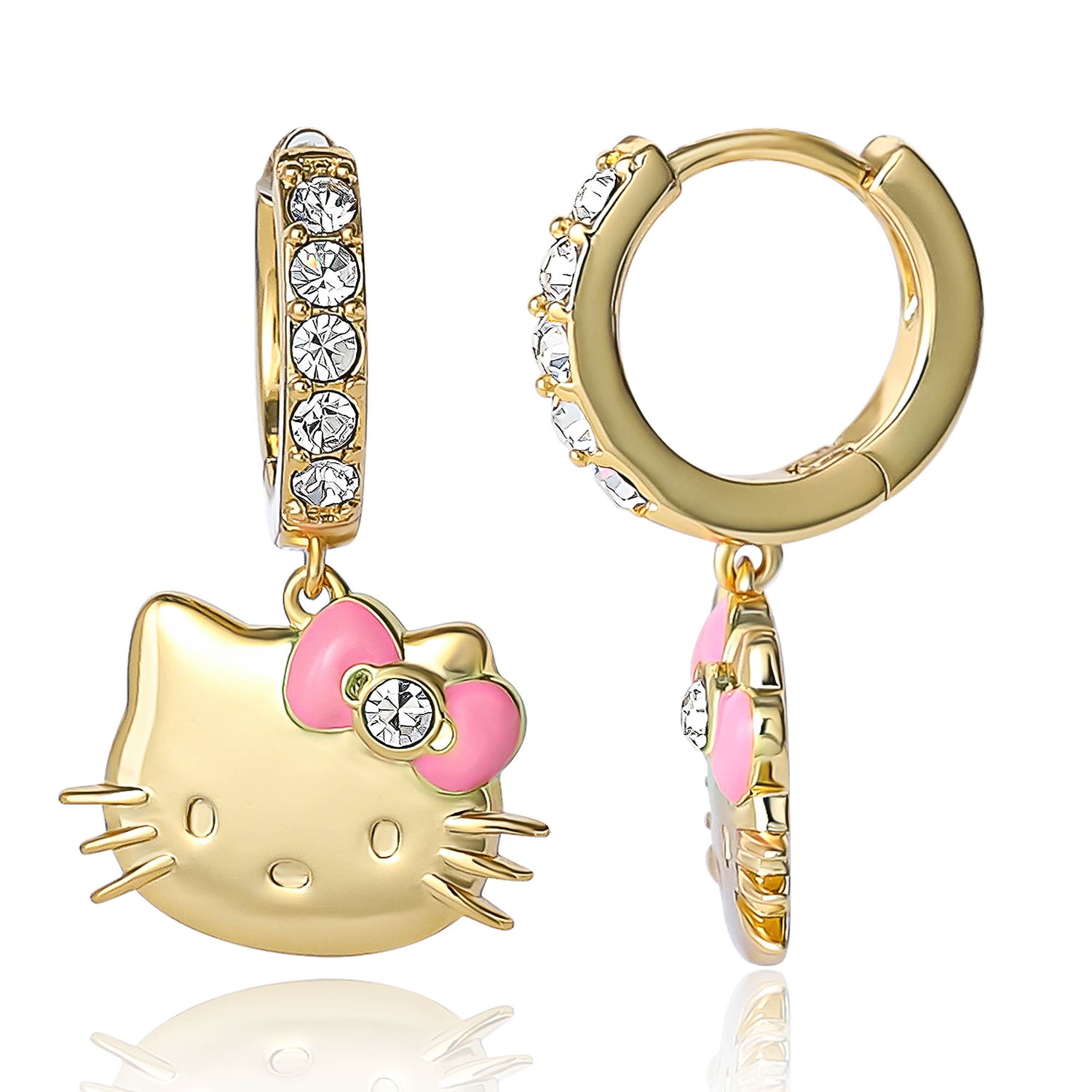 Hello Kitty Earrings for Women Official License, 18k Gold Flash-Plated and Pave Crystal Hoop Earrings with Dangle Charm