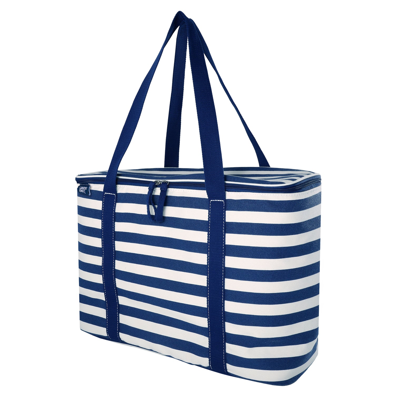 Lands' End Rectangular Large Cooler Bag Insulated 8 Gal, Canvas Soft Cooler with Tote Handles and Zip Closure (Navy Stripe) - Navy Stripe