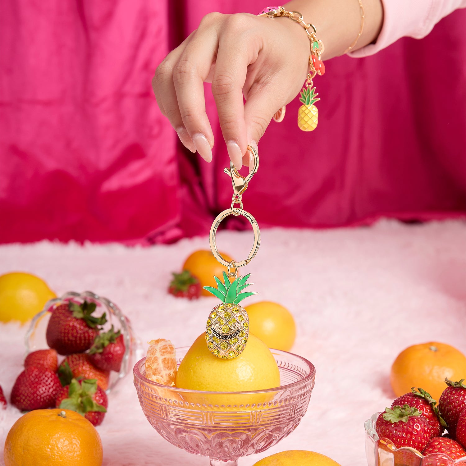 Juicy Couture Crystal Pineapple Keychain, Gold‑Tone with Green Enamel Leaves