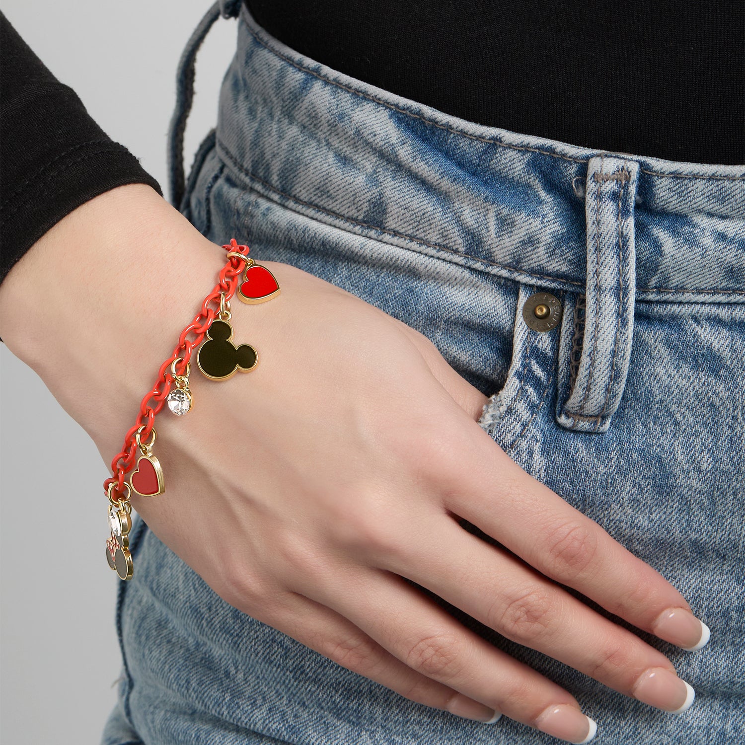 SALLY ROSE Mickey and Minnie Mouse Charm Bracelet with Red Chain Official License, 6.5"+1" Gold-Tone Fashion Charm Bracelet for Women