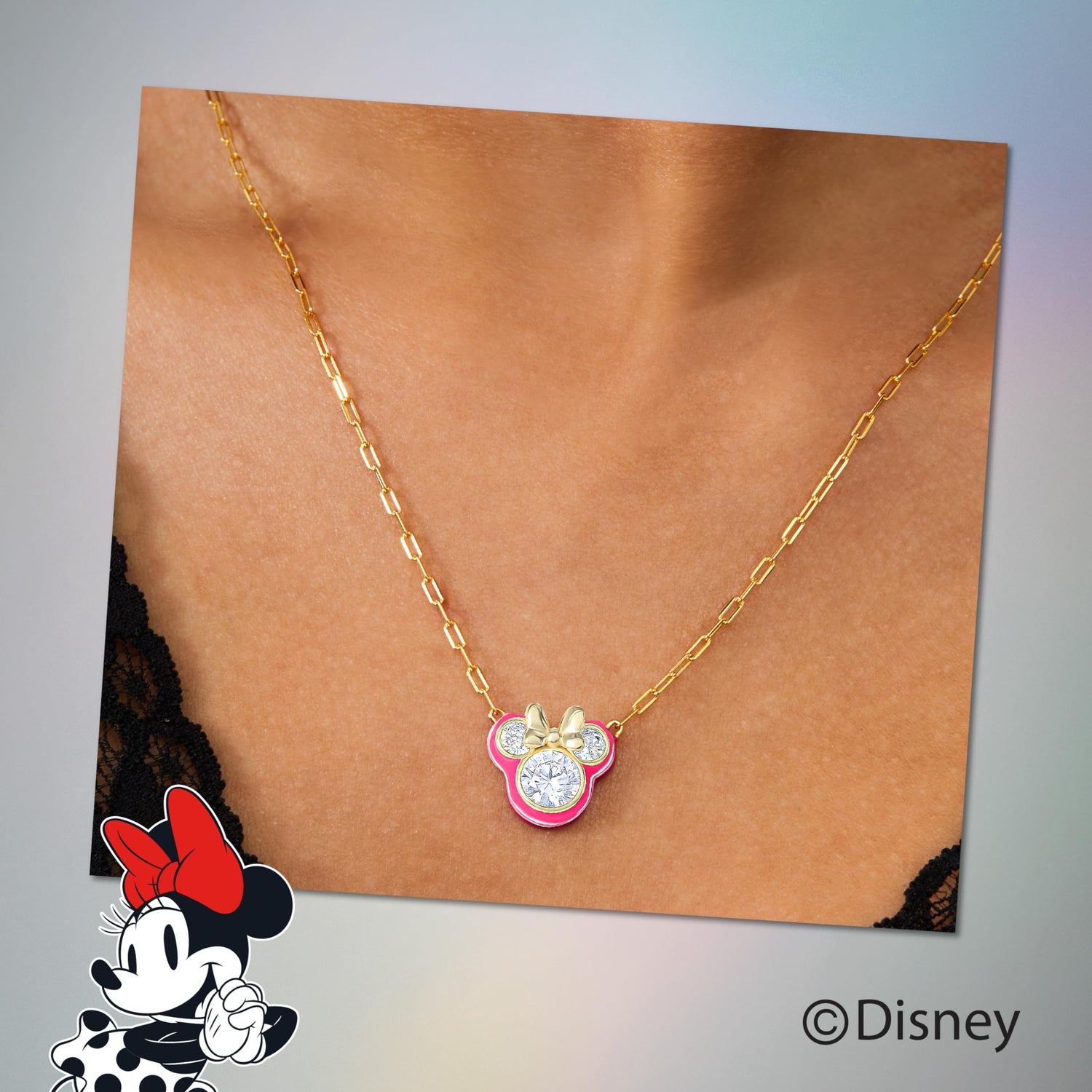 Disney Minnie Mouse Cubic Zirconia and Enamel Necklace Official License 18", Flash-Plated Necklace