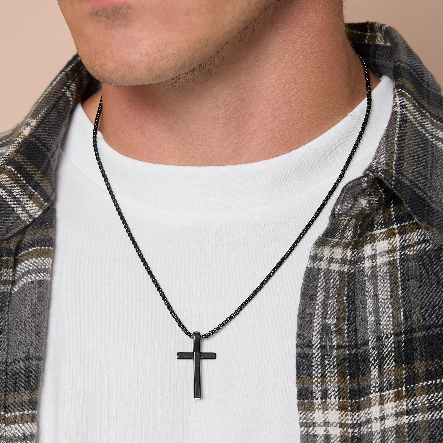 Lucky Brand Stainless Steel Cross Necklace for Men 22", Two-Tone Pendant Necklace, Cross Jewelry