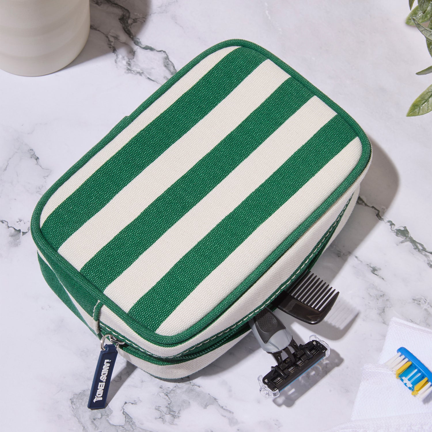 Lands' End Medium Rectangular Dopp Kit for Travel, Striped Canvas Toiletry Bag with Top Zip (Kelly Green Stripe) - Kelly Green Stripe