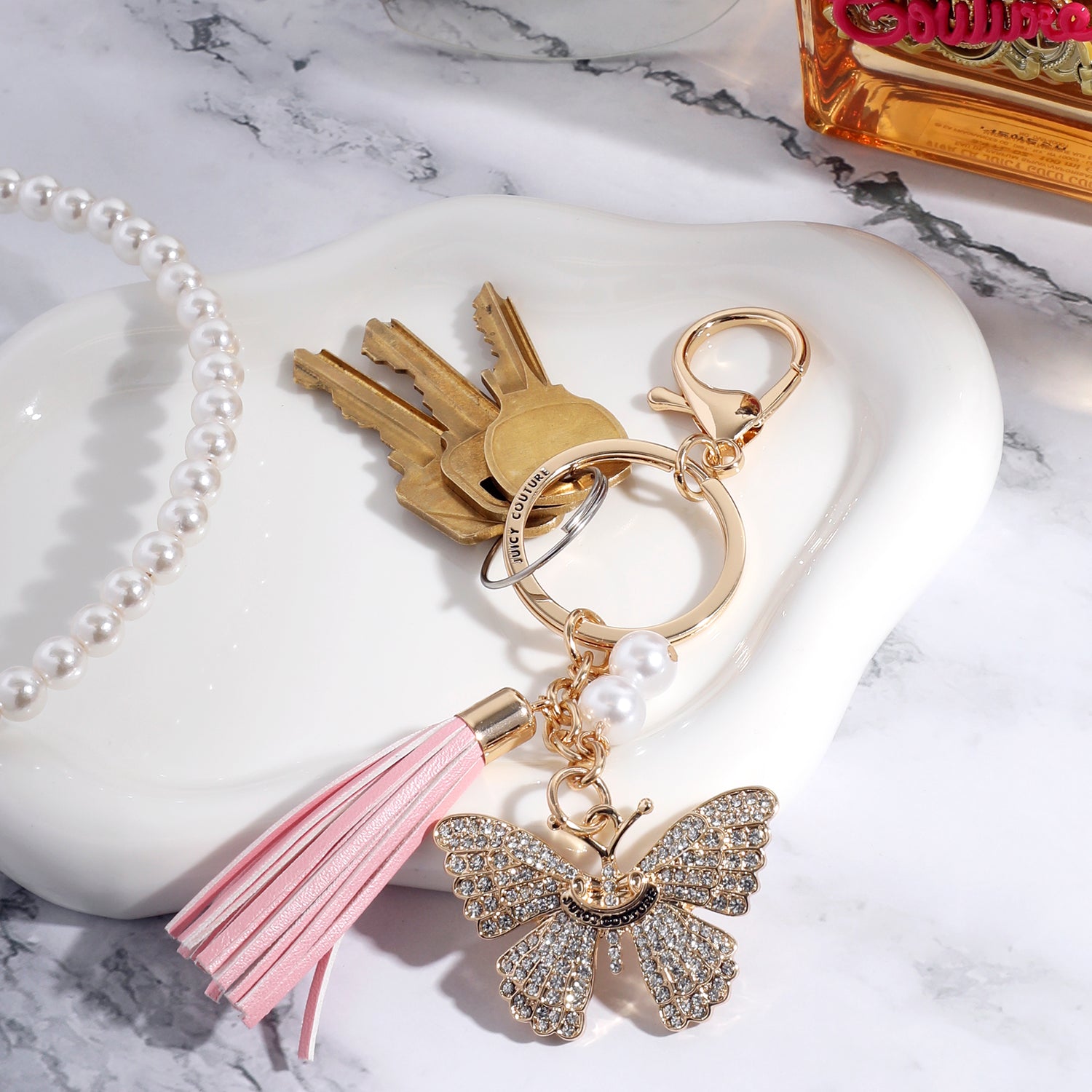 Juicy Couture Butterfly Crystal Keychain With Pink Tassel & Faux Pearls