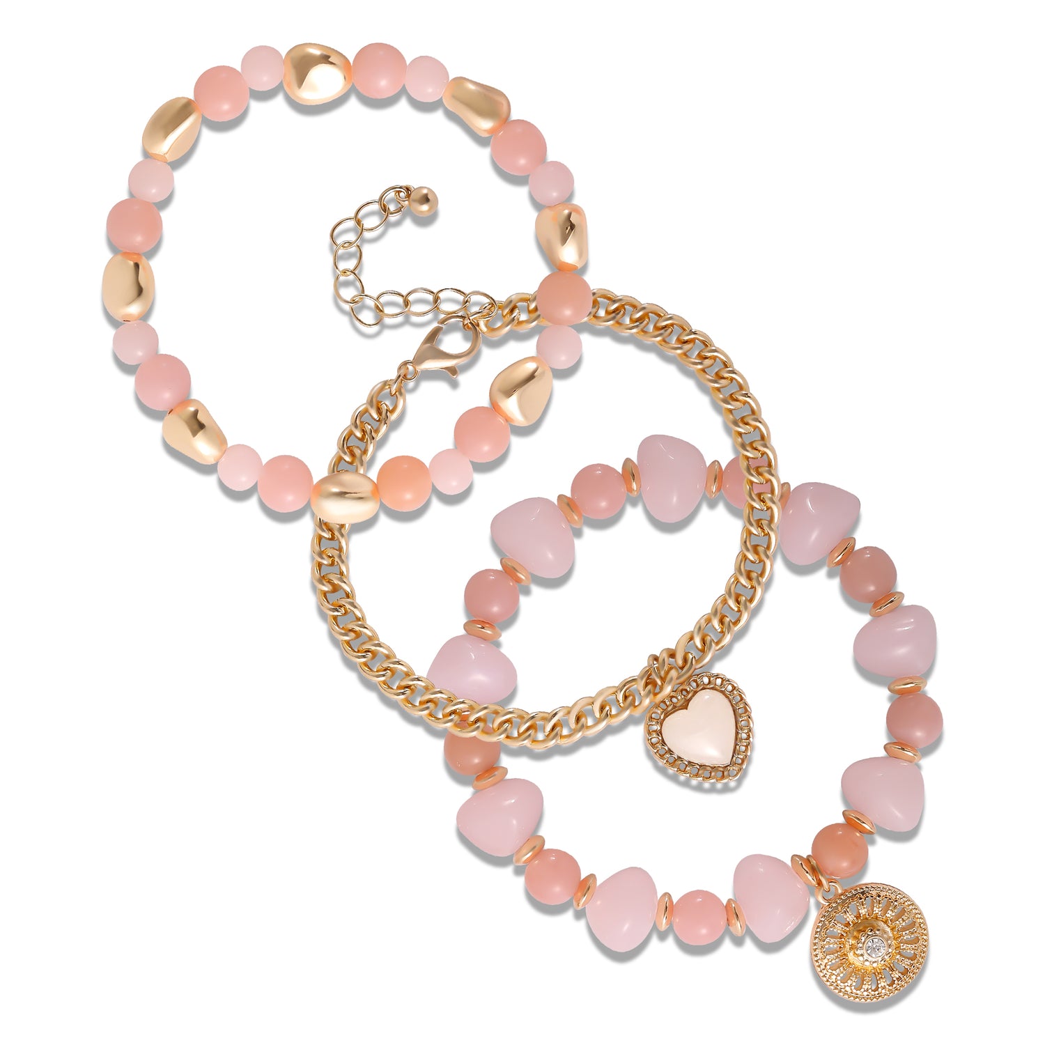 Jessica Simpson Set of 3 Pink and Gold-Tone Beaded Stretch Bracelets