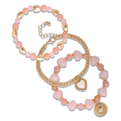 Jessica Simpson Set of 3 Pink and Gold-Tone Beaded Stretch Bracelets