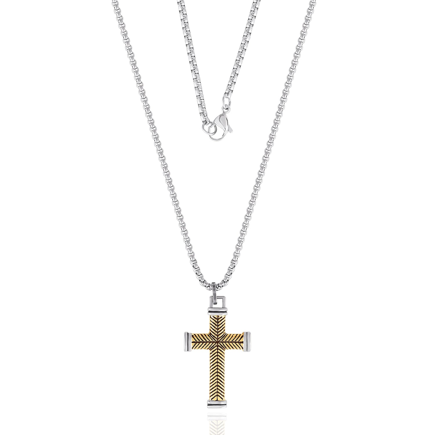 Lucky Brand Stainless Steel Cross Necklace for Men 24", Two-Tone Cross Pendant Necklace, Cross Jewelry