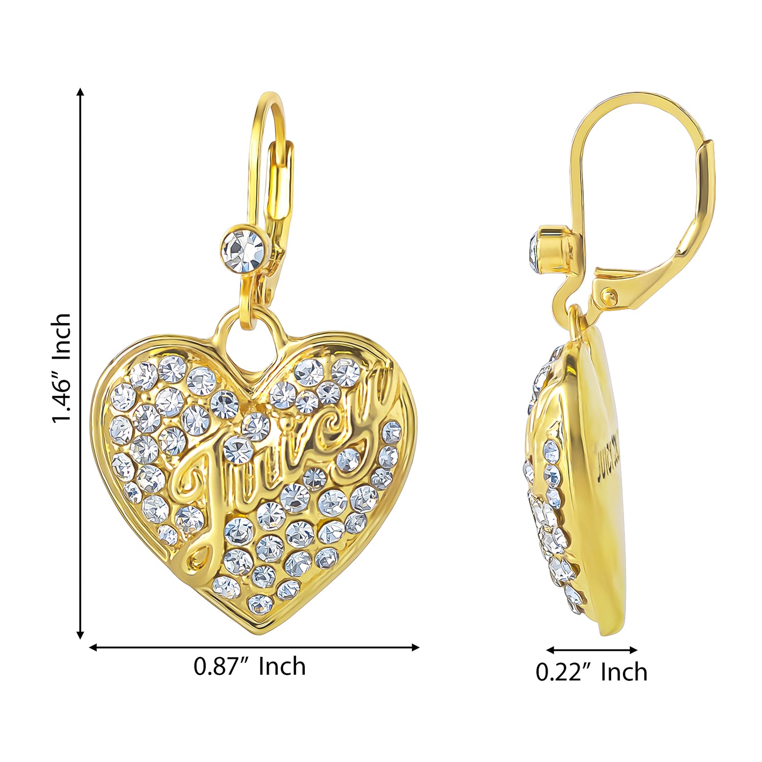 Juicy Couture Crystal Heart Charm Dangle Earrings for Women, Yellow Gold-Tone, Leverback