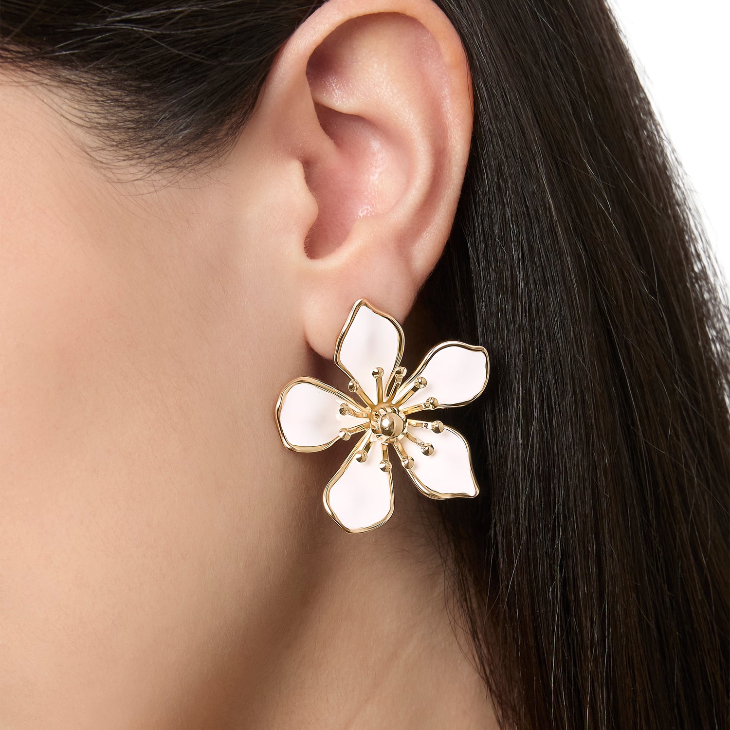 Jessica Simpson White Enamel Flower Earrings for Women, Gold-Tone Flower Stud Earrings