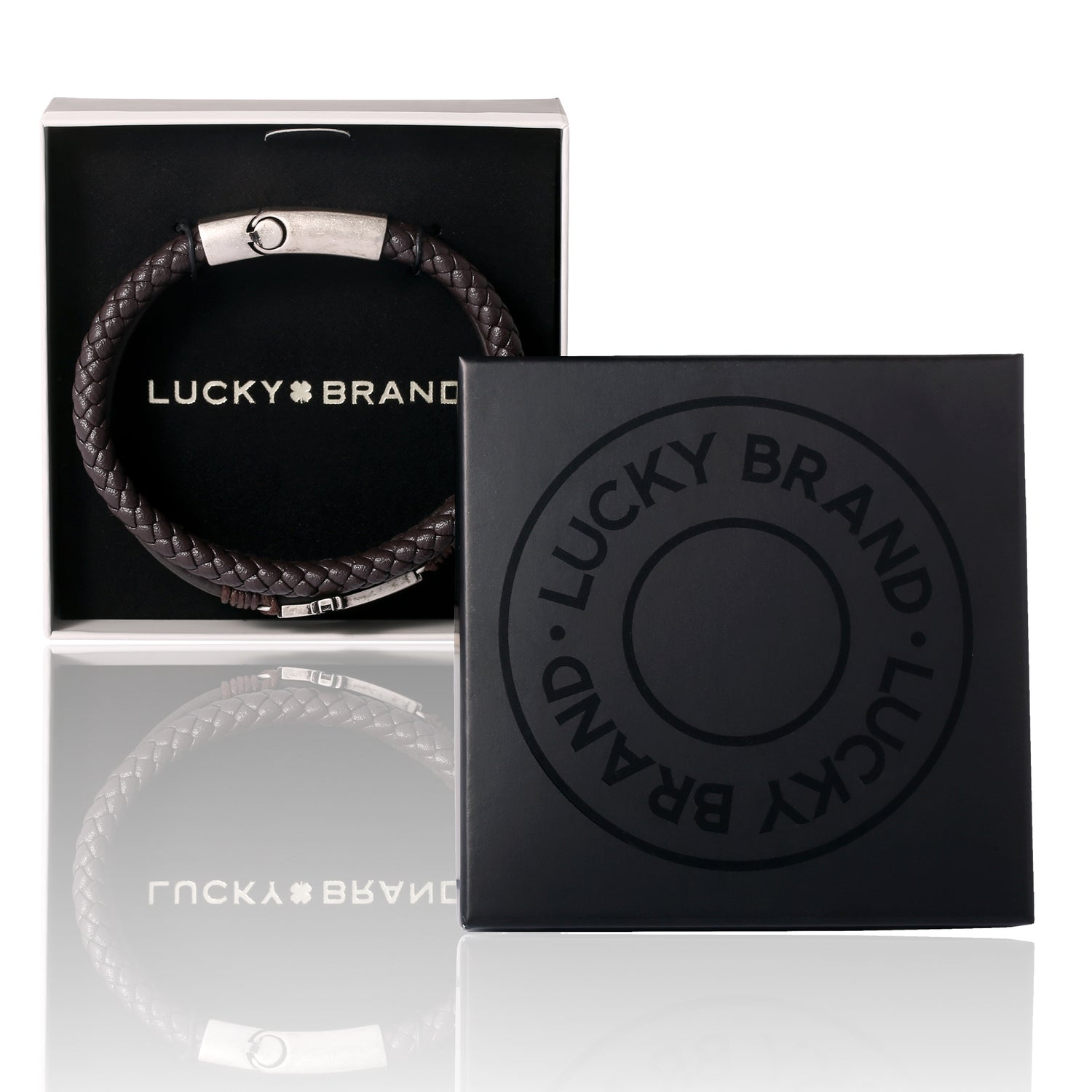 Lucky Brand Textured Cross Triple Row Brown Bracelet for Men 8.5", Antique Silver Flash-Plated, Cross Jewelry