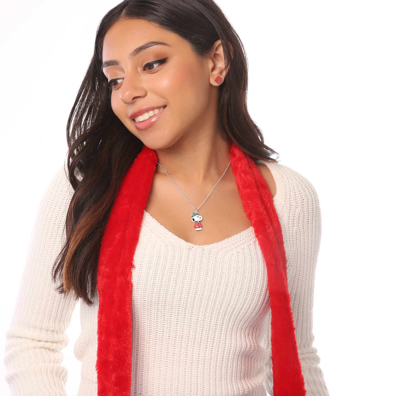 SALLY ROSE Peanuts Snoopy Pendant Necklace with Crystals, 16"+2" Silver Flash-Plated Snoopy Necklace for Women Official License