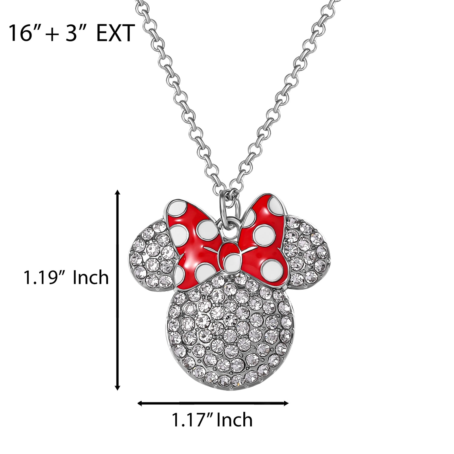 Disney Minnie Mouse Necklace for Women Official License, 16"+3" Pave Clear Crystal Minnie Necklace with Red Bow, Jewelry - White