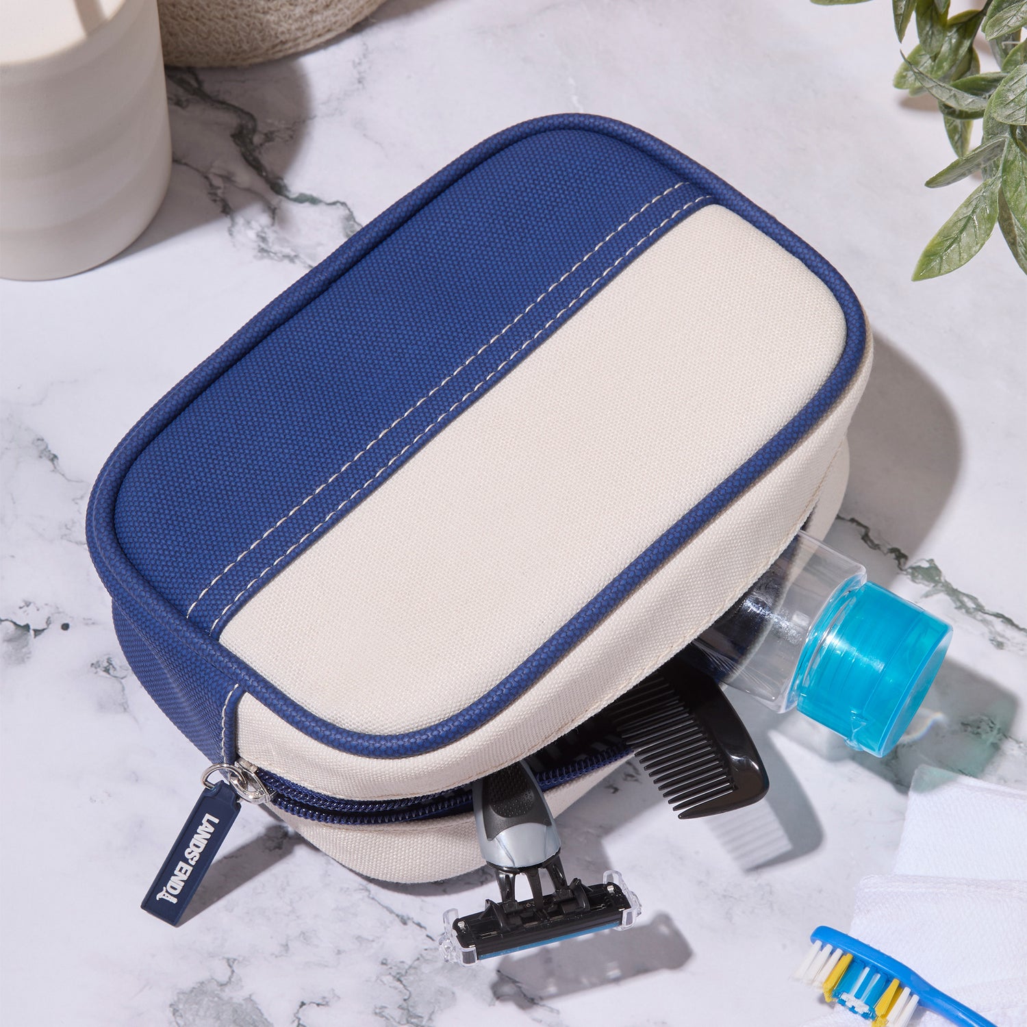 Lands' End Medium Rectangular Dopp Kit for Travel, Striped Canvas Toiletry Bag with Top Zip (Navy) - Navy