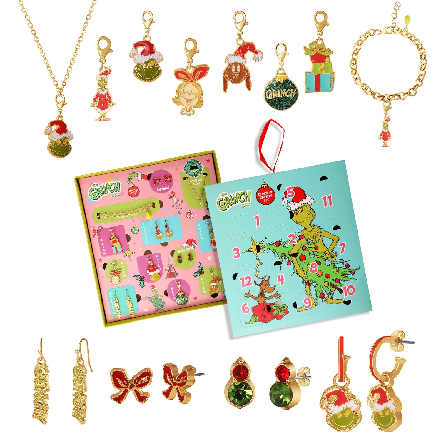 The Grinch Holiday Charm Jewelry Advent Set with Earrings and Chains