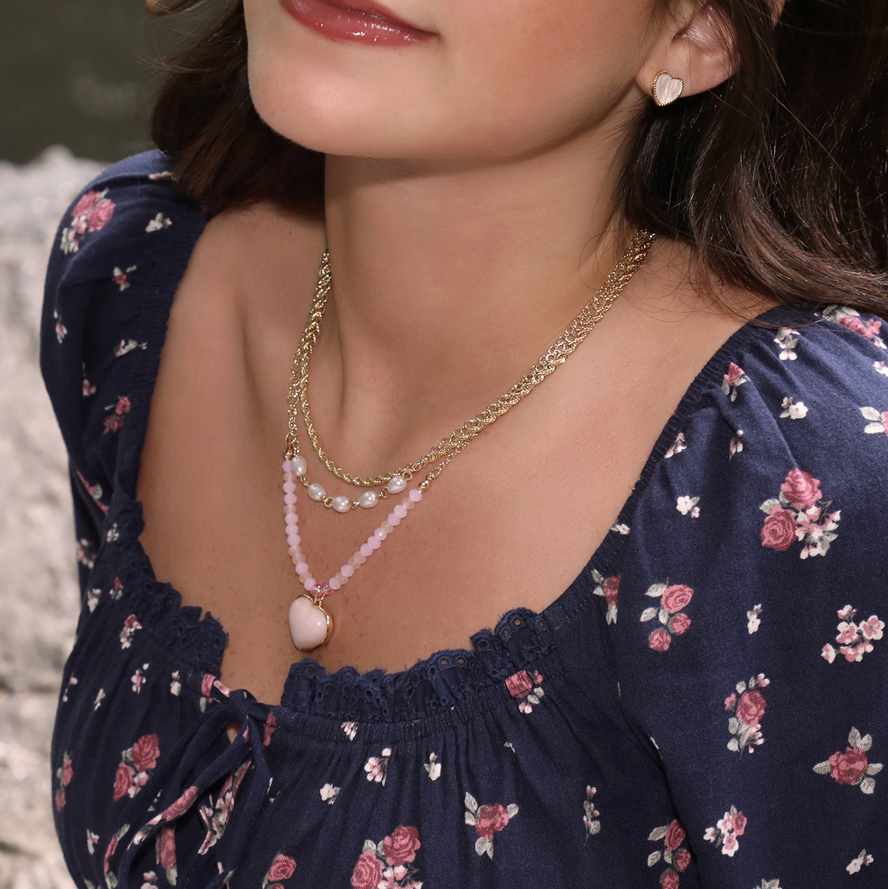 Celebrity Pink Heart Necklaces for Women 3-Piece Set Gold-Tone, Pink Beads