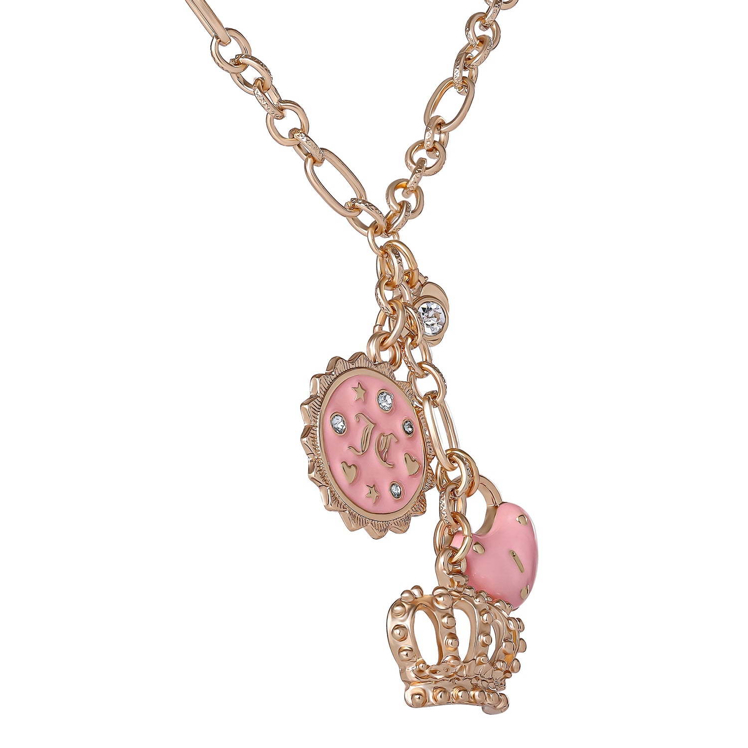Juicy Couture Gold-Tone Layered Charm Necklace with Pink Enamel Accents
