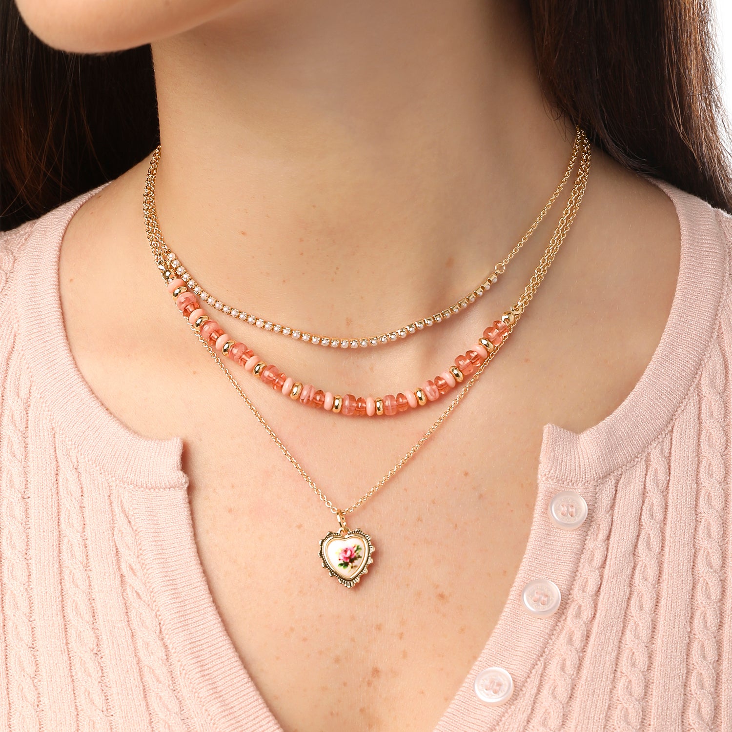 Celebrity Pink 3-Piece Necklaces for Women, Layering Necklaces Gold-Tone | Triple Necklace Stack 3 Separate Lengths, Pink Bead and Pearl Embellishments, Rose and Heart Pendant