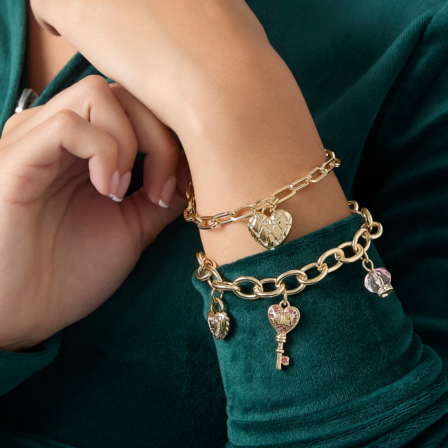 Juicy Couture Charm Bracelet Set with Heart and Key Charms - 7.5''