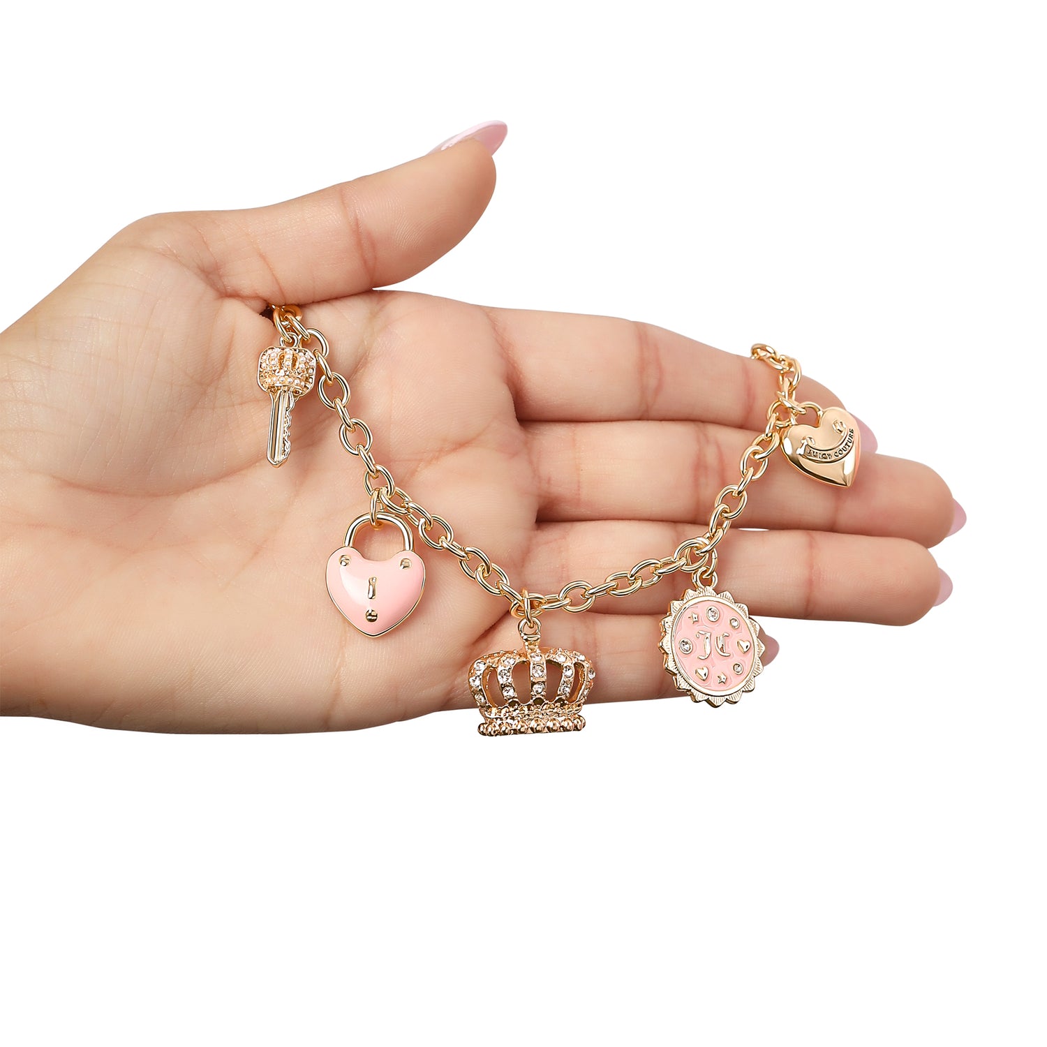 Juicy Couture Gold-Tone Charm Necklace with Pink Enamel Accents and Crystal Details