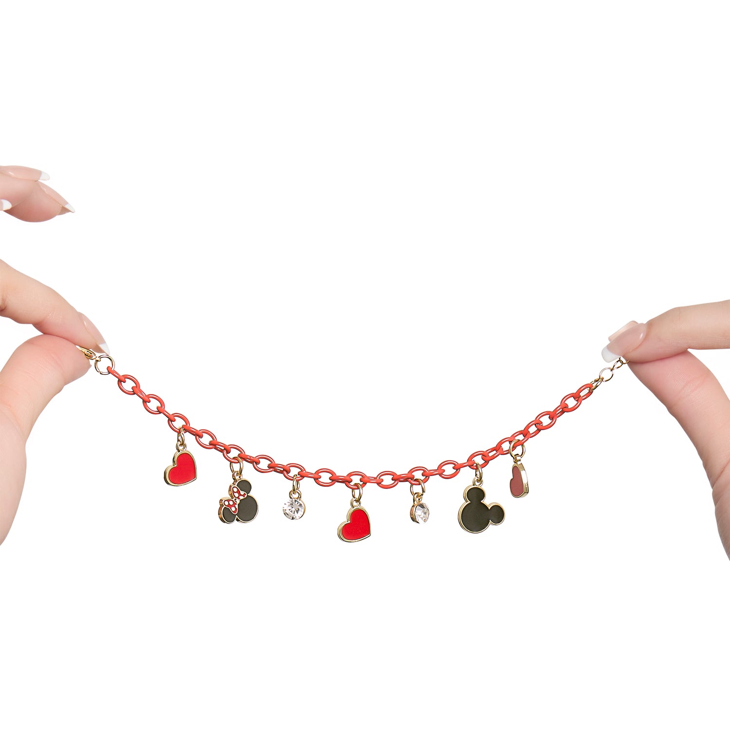 SALLY ROSE Mickey and Minnie Mouse Charm Bracelet with Red Chain Official License, 6.5"+1" Gold-Tone Fashion Charm Bracelet for Women