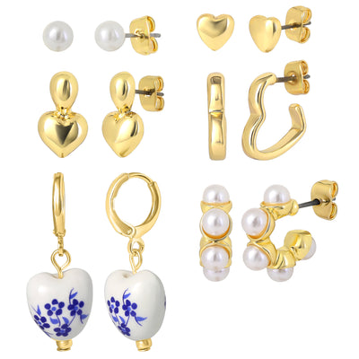 Celebrity Pink Womens Earrings Gold-Tone 6-Pack, Faux Pearl Studs and Hoops | 6-Pack, Faux Pearl Accents, Yellow Gold Tone, Heart Earrings, Feminine Jewelry