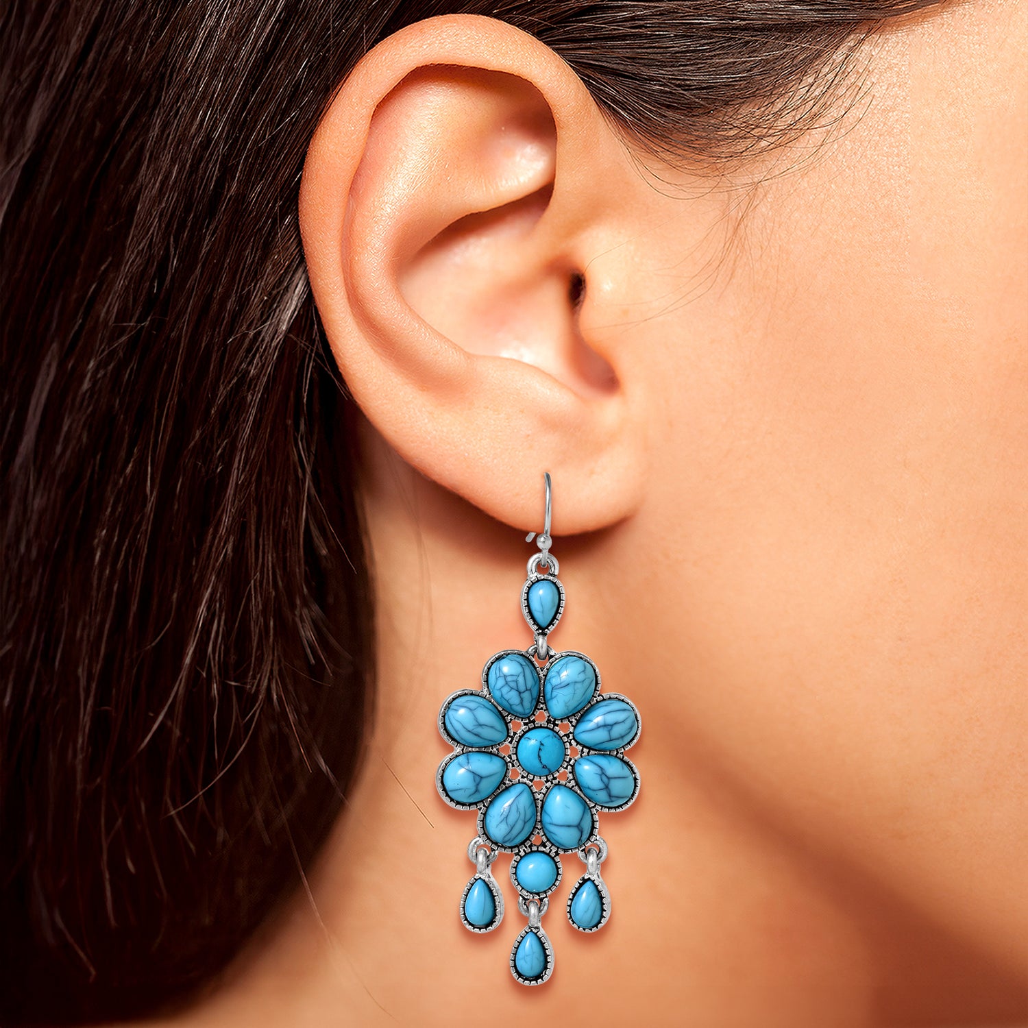 Jessica Simpson Silver-Tone Turquoise Statement Drop Earrings – Bohemian Chic Floral Design