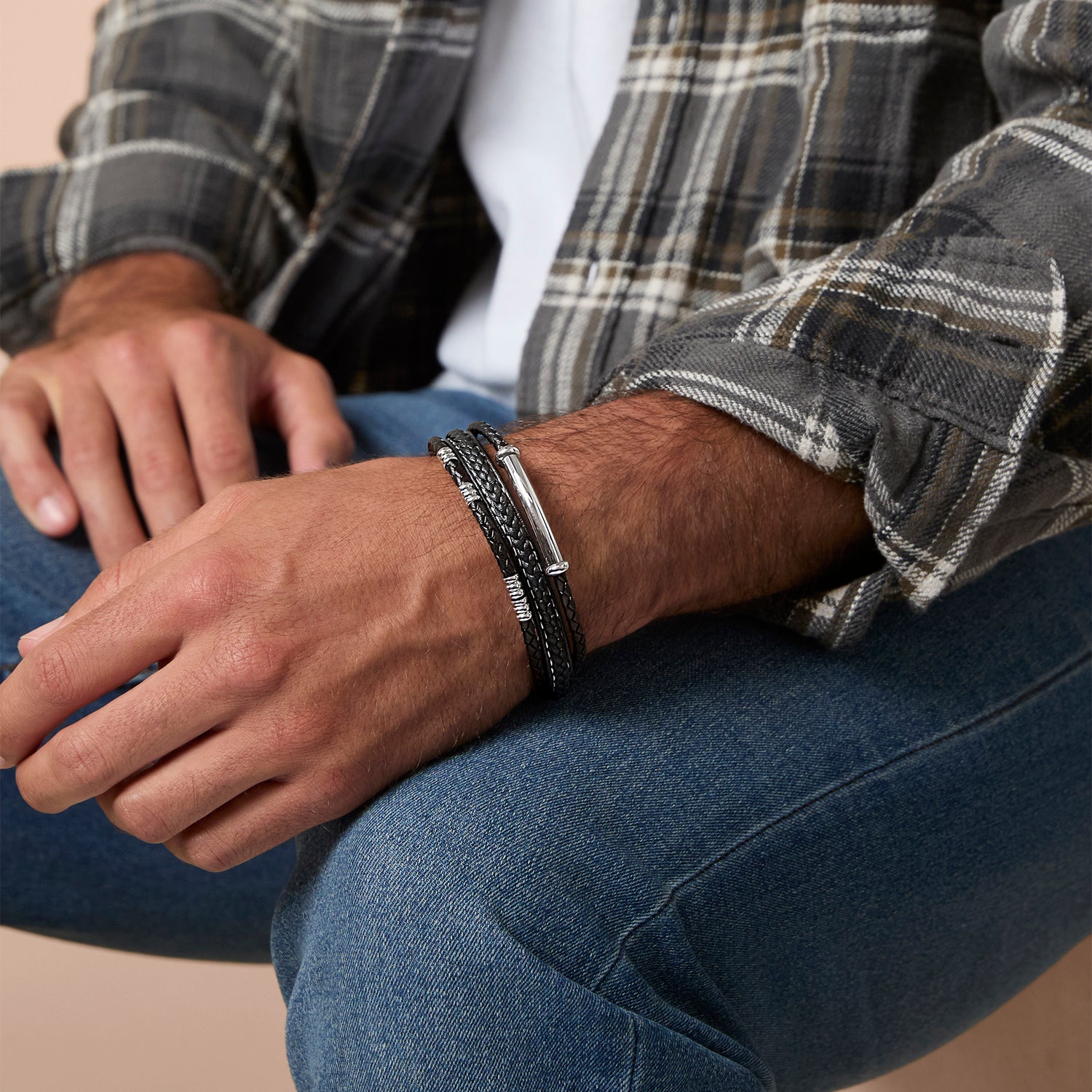 Stainless Steel Triple Row Black Cord Bracelet - 8.25" - Polished Stainless Steel Finish