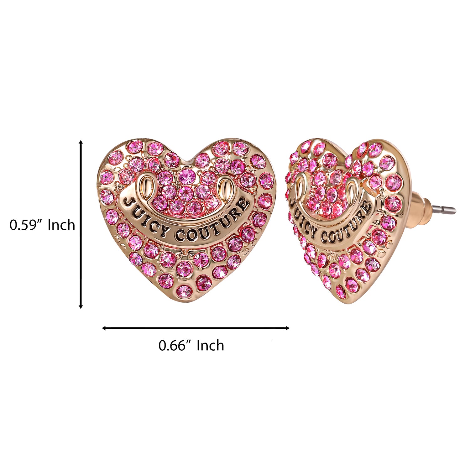 Juicy Couture Logo Heart Stud Earrings for Women with Pink Stones, Juicy Couture Earrings Gold Tone