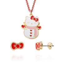 Hello Kitty Sanrio Snowman Necklace + Earrings Official License, 16"+3" Necklace and Bow Stud Earrings