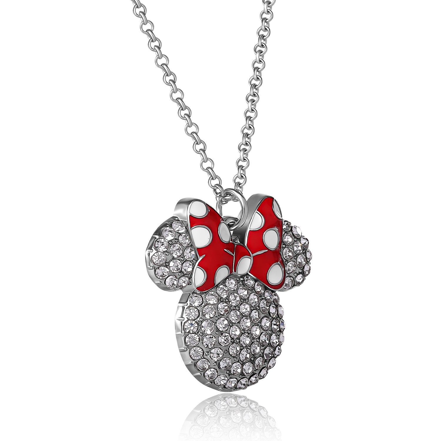 Disney Minnie Mouse Necklace for Women Official License, 16"+3" Pave Clear Crystal Minnie Necklace with Red Bow, Jewelry - White