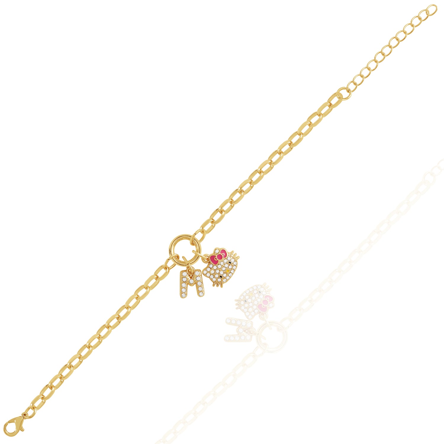 Hello Kitty Initial Crystal Charm Bracelet, Gold‑Tone, Adjustable - M