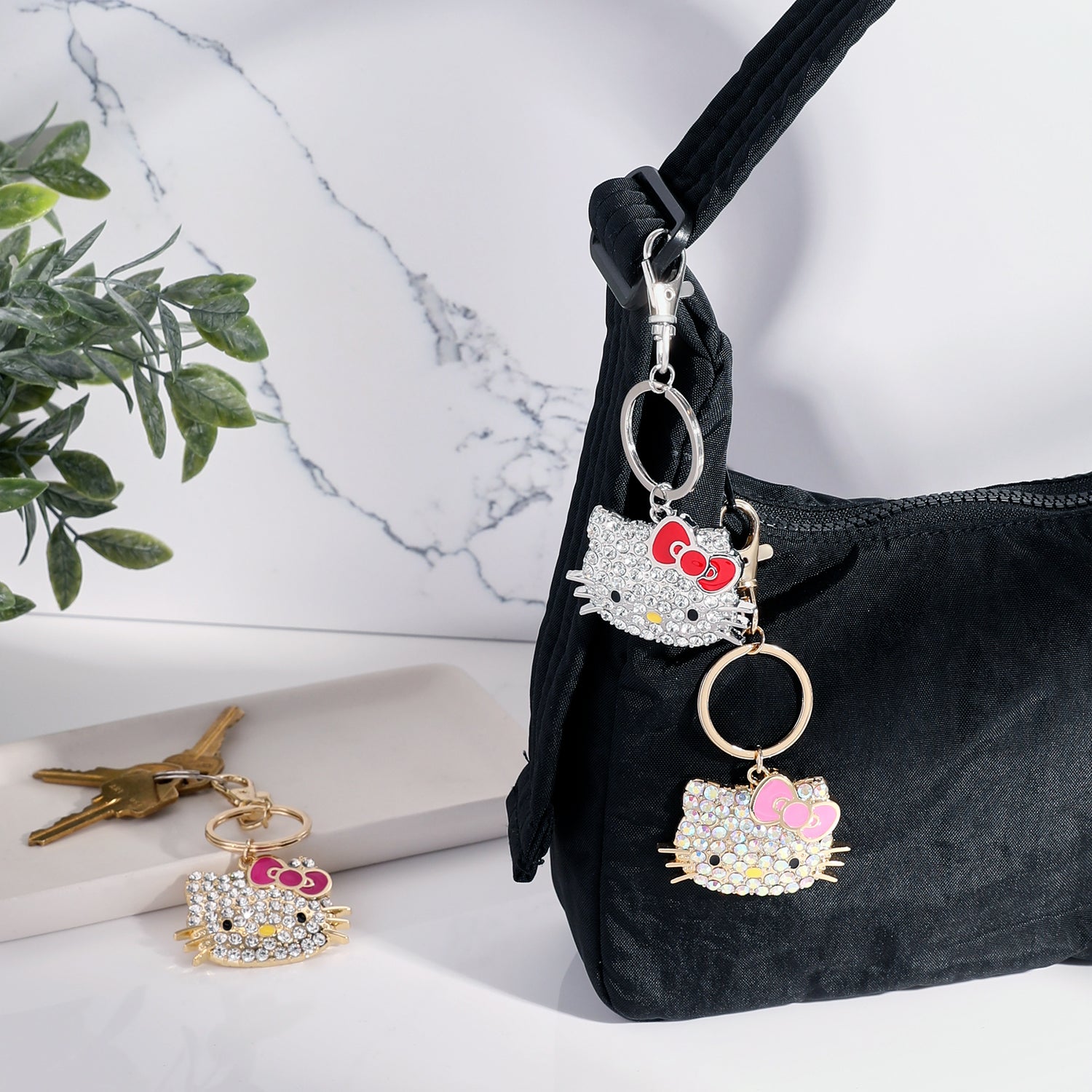 Hello Kitty Keychain with Pink Bow Official License, Pave Crystal Bling Sanrio Keychain with Lobster Clip (Light Pink) - Yellow - Pink AB Crystal