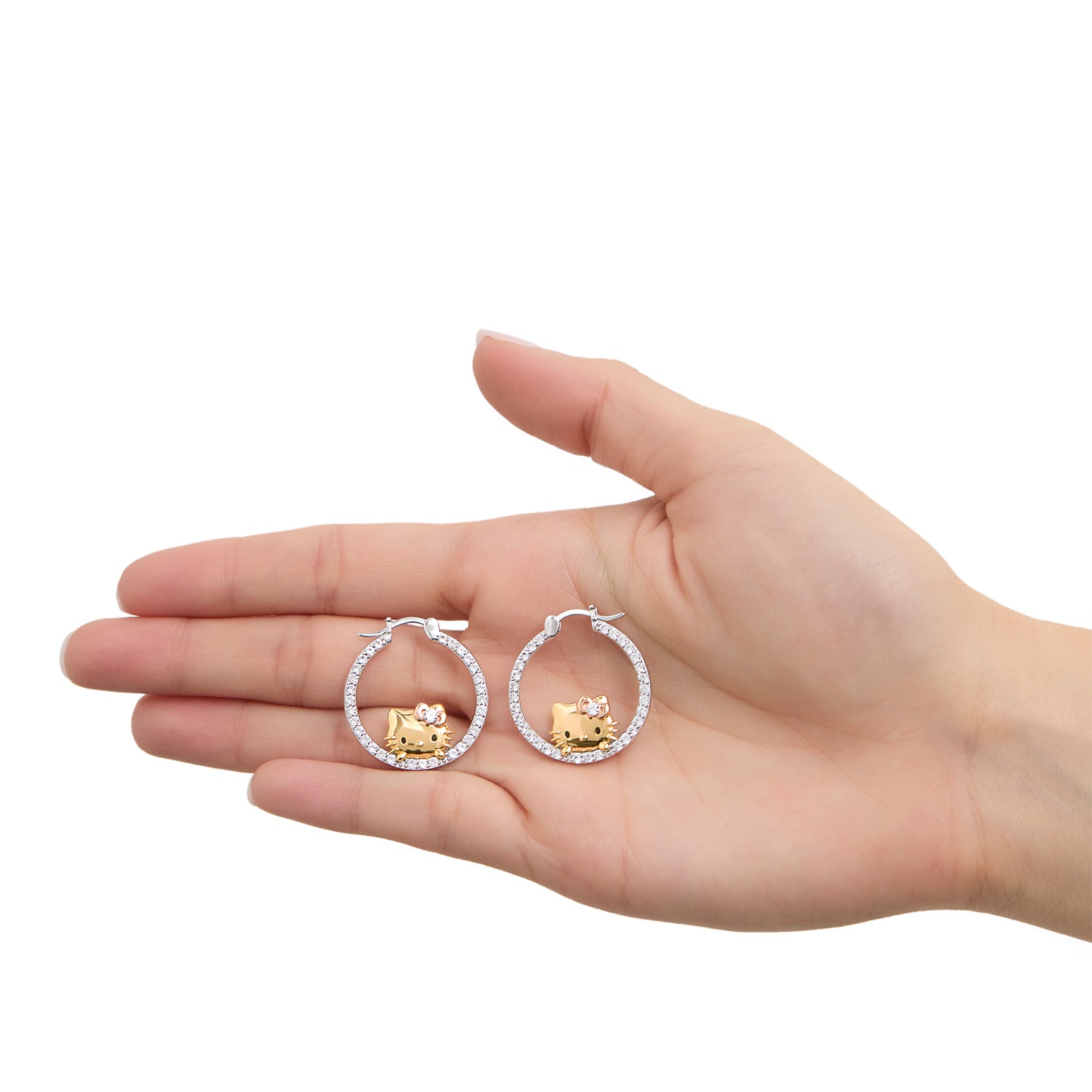Hello Kitty Pop-Up Hoop Earrings, Tri-Color Sterling Silver with Created White Sapphire, Official License