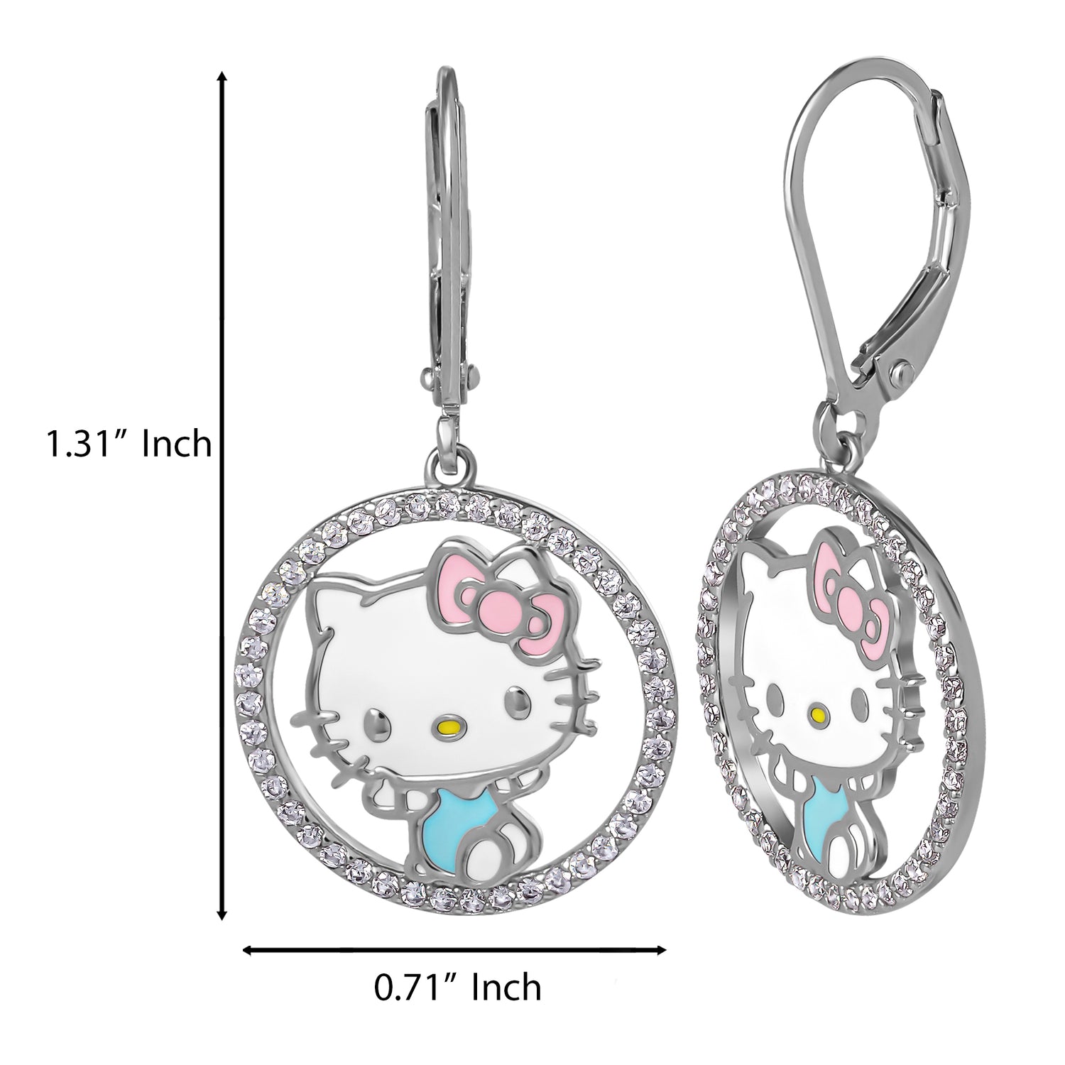 Hello Kitty Jewelry Drop Earrings for Women Official License, Sterling Silver and Cubic Zirconia Hello Kitty Earrings