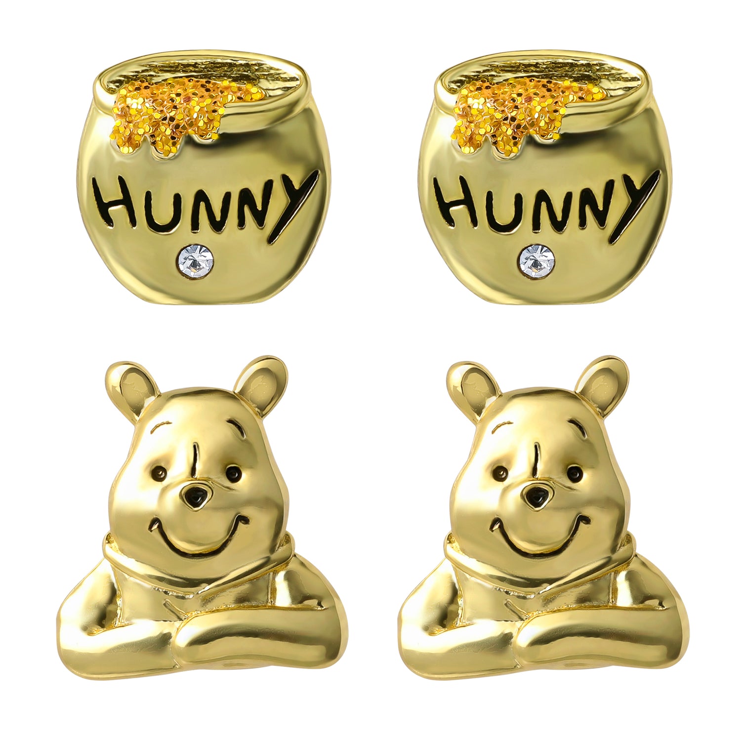 Winnie the Pooh Earrings Pack of 2 Official License, 18k Gold Flash Plated