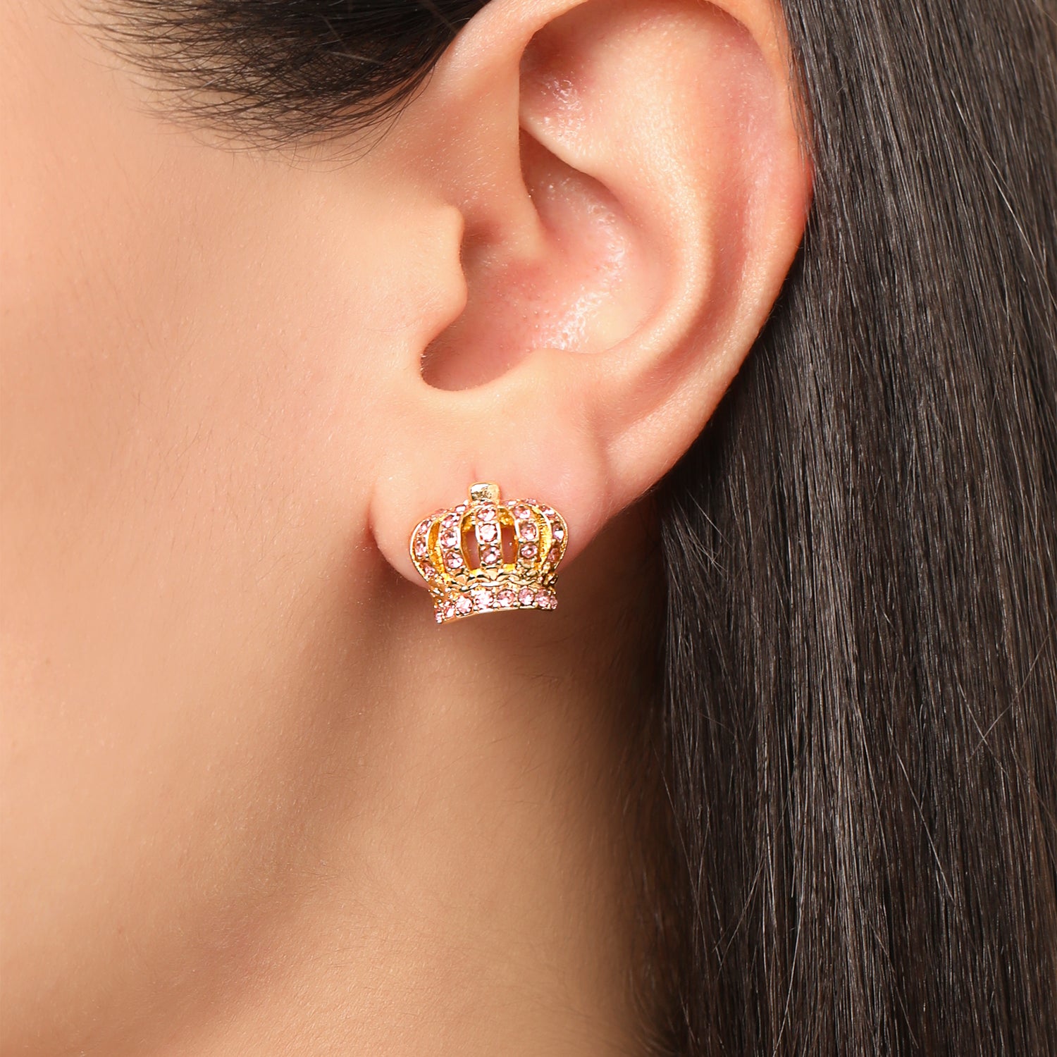 Juicy Couture Necklace and Crown Stud Earrings for Women with Pink Crystals, Gold Tone Jewelry Set