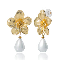 Jessica Simpson Gold-Tone Flower Earrings with Dangling Faux Pearl, Drop Earrings for Women