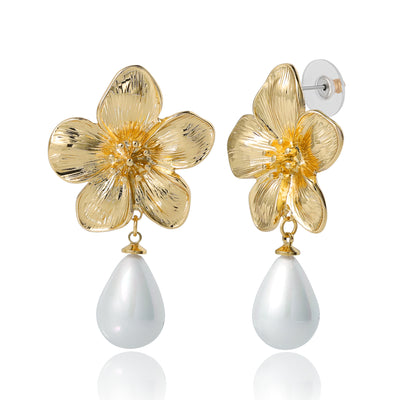 Jessica Simpson Gold-Tone Flower Earrings with Dangling Faux Pearl, Drop Earrings for Women