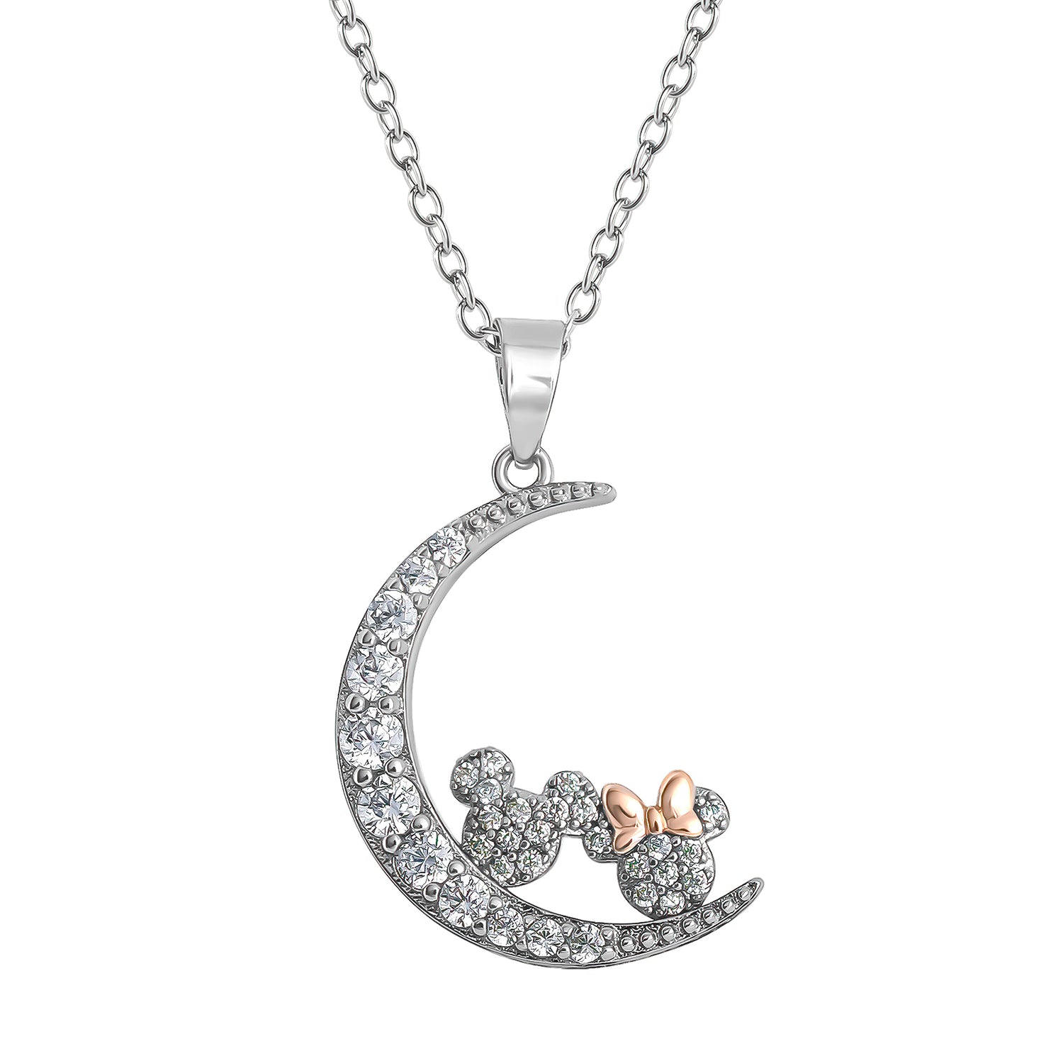 Minnie and Mickey Mouse Moon Necklace for Women 18", Cubic Zirconia