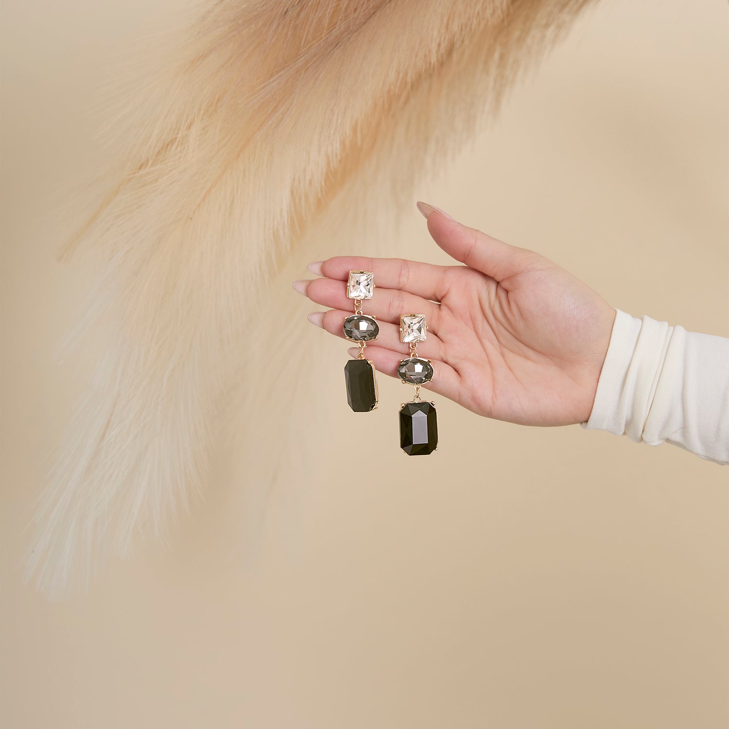 Jessica Simpson Triple Stone Drop Earrings in Black and Clear