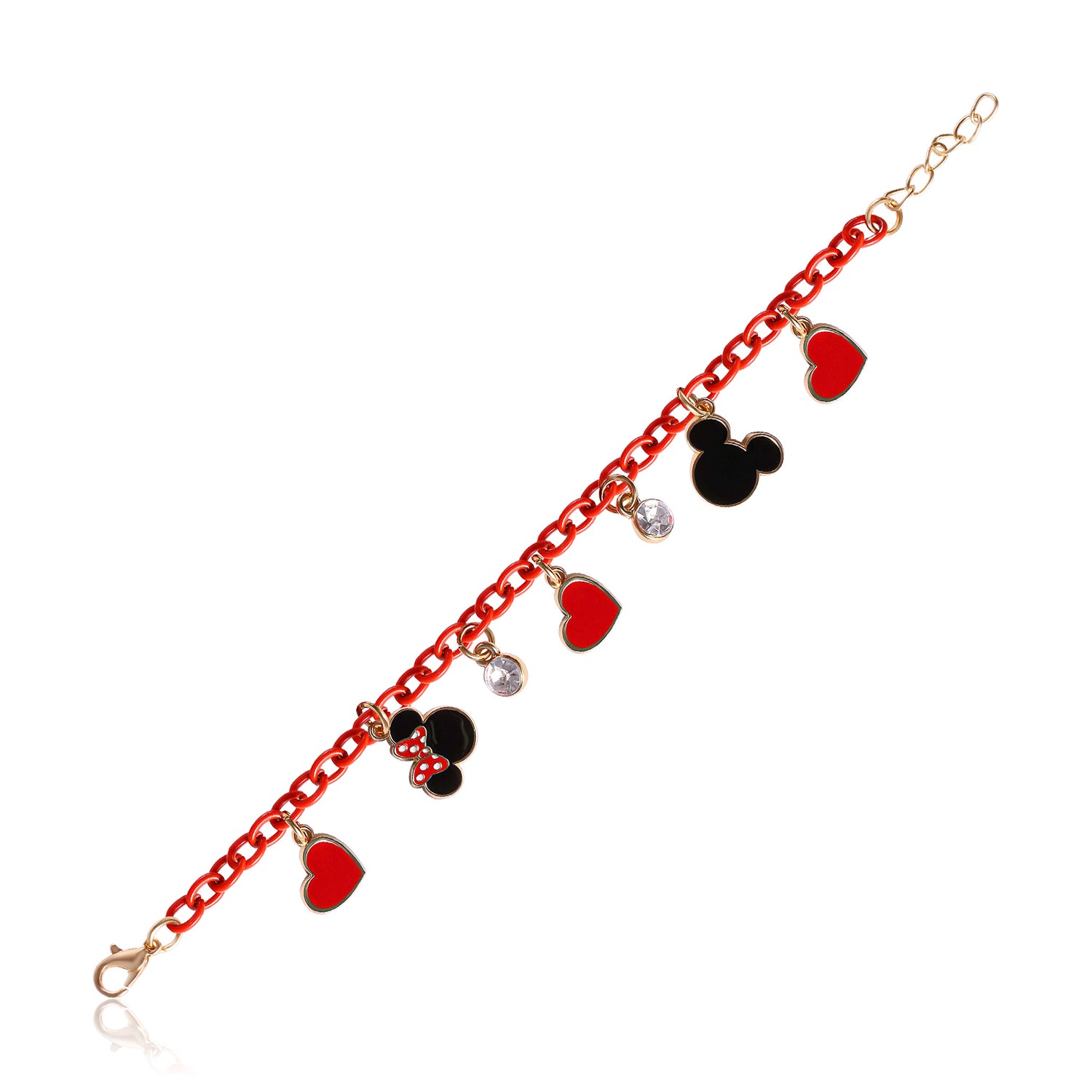 SALLY ROSE Mickey and Minnie Mouse Charm Bracelet with Red Chain Official License, 6.5"+1" Gold-Tone Fashion Charm Bracelet for Women