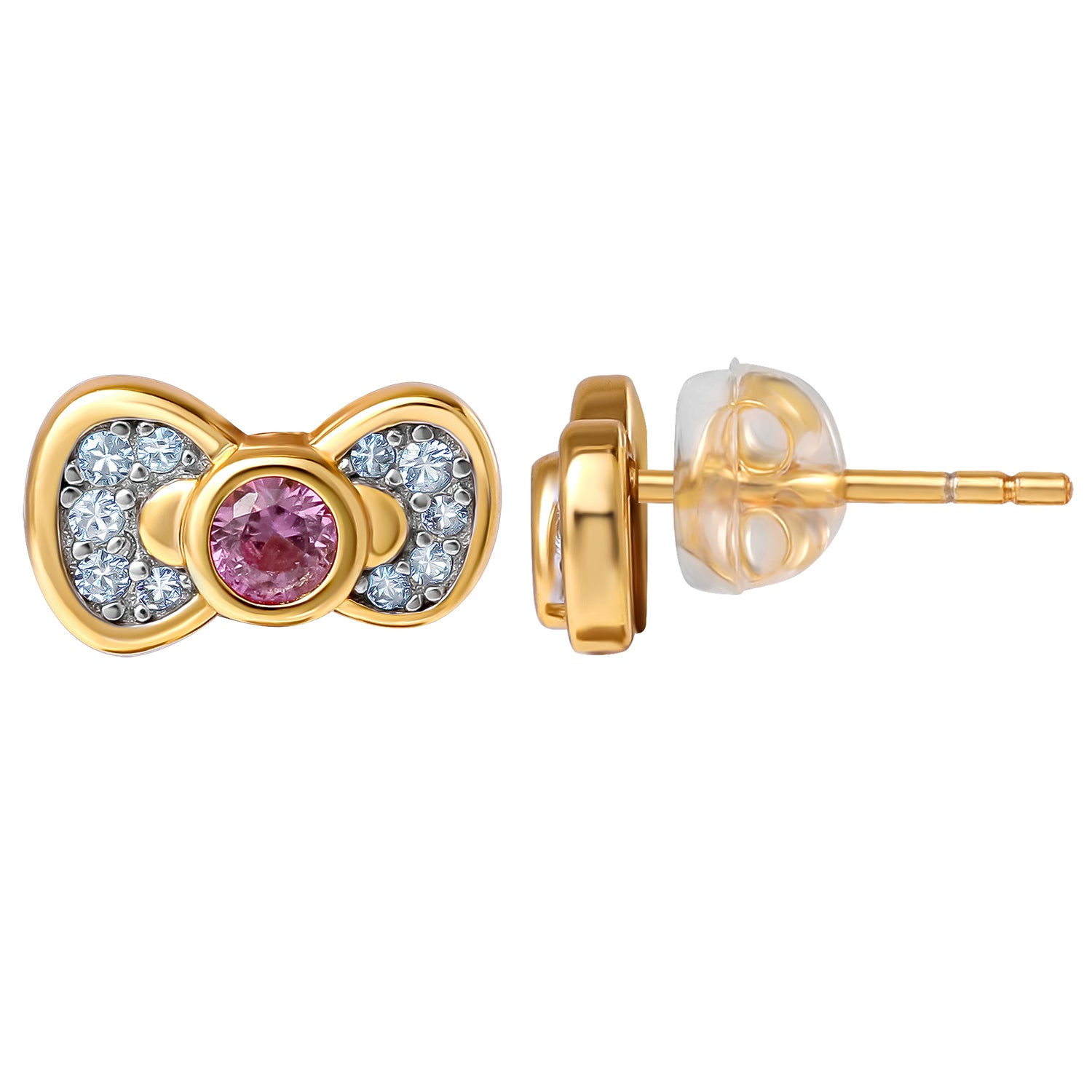 Hello Kitty Bow Stud Earrings, Two-Tone Plated Sterling Silver with Created Pink & White Sapphire, Official License