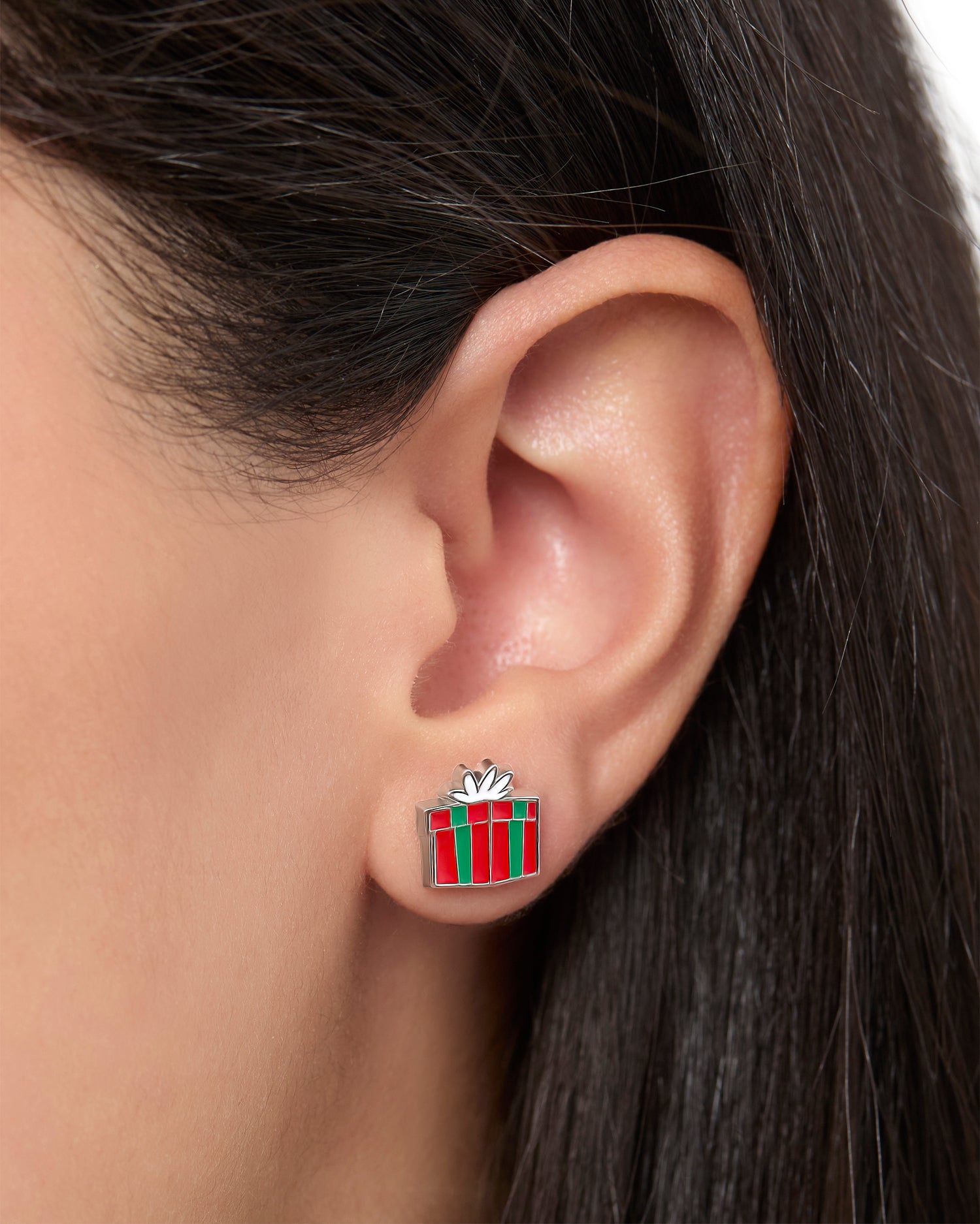 Disney Holiday Stud Earring Set, 3 Pairs - Mickey Santa, Peppermint Ears & Gifts, Silver‑Tone