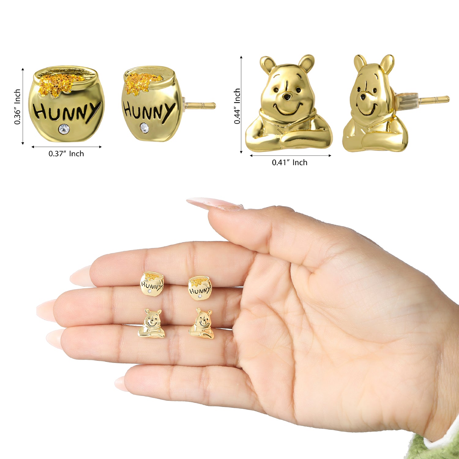 Winnie the Pooh Earrings Pack of 2 Official License, 18k Gold Flash Plated